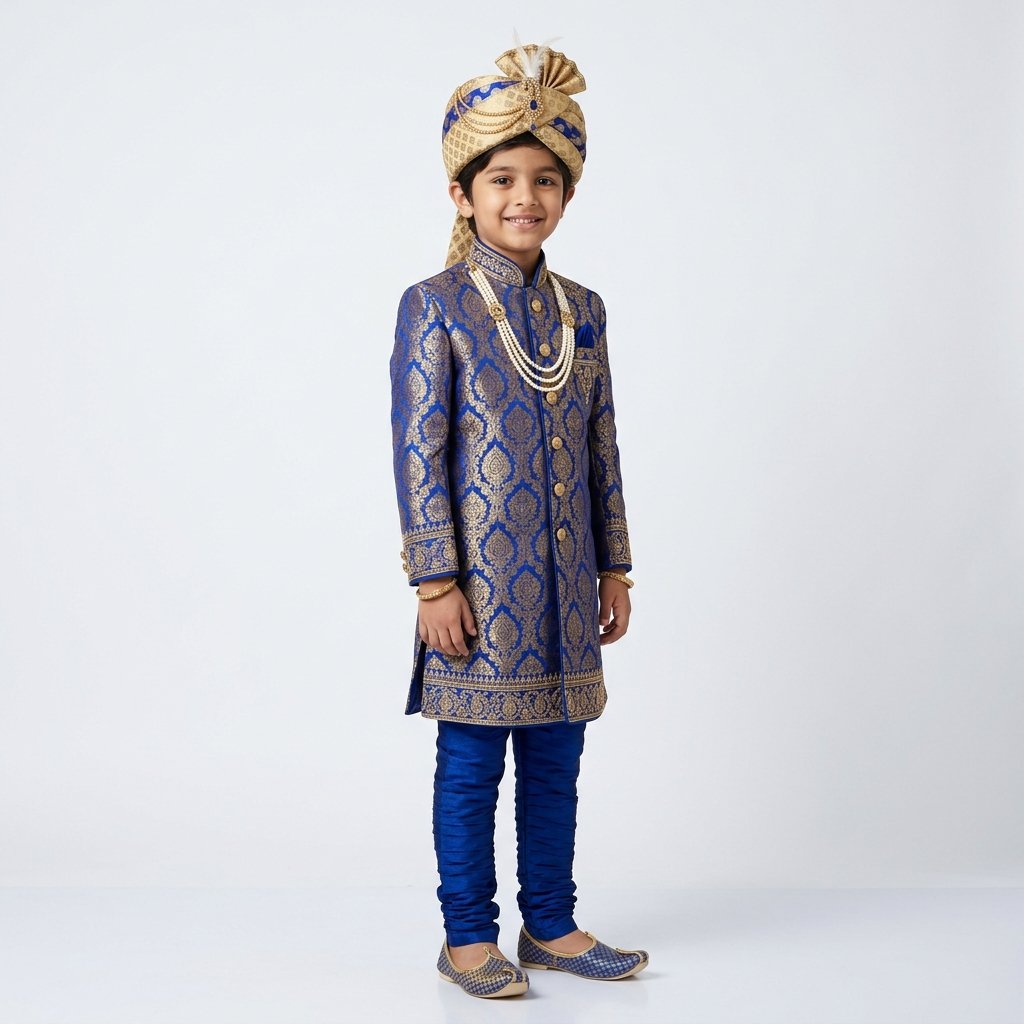 Boys Royal Blue Banarasi Sherwani