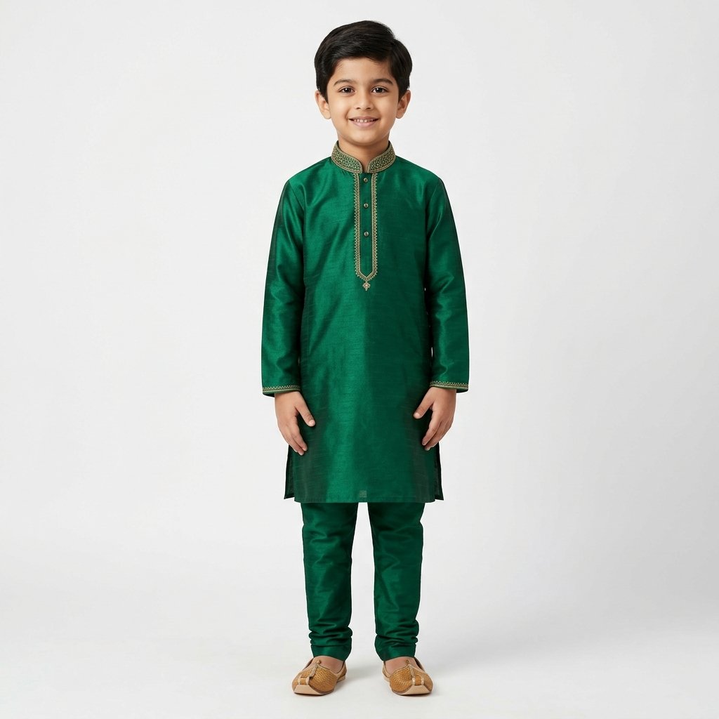 Kids Emerald Green Silk Kurta Set